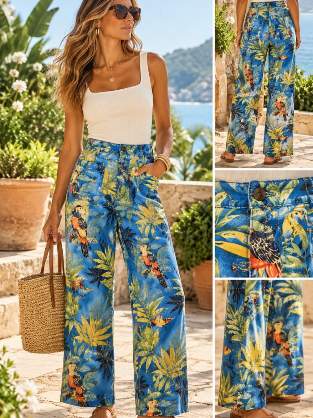 Maeve Anthropologie Colette Tropical Bird Linen Wide Leg Pants 8 Tall